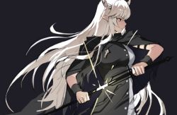 Rule 34 | 1girl, arknights, black bow, black cape, black dress, bow, breasts, cape, demon horns, dress, eyebrows hidden by hair, from side, glint, holding, holding sword, holding weapon, horns, jason kim, jewelry, long hair, medium breasts, necklace, pointy ears, scabbard, sheath, shining (arknights), simple background, solo, sword, unsheathing, upper body, v-shaped eyebrows, very long hair, weapon, white hair