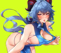 Rule 34 | 1girl, bare shoulders, bent over, blue dress, blue hair, blush, breasts, china dress, chinese clothes, cleavage, cleavage cutout, clothing cutout, dress, floating hair, ganyu (genshin impact), genshin impact, goat horns, green background, heart, heart-shaped pupils, hechi (hechi322), highres, horns, large breasts, long hair, looking at viewer, pelvic curtain, purple eyes, revealing clothes, simple background, solo, symbol-shaped pupils, tongue, tongue out, very long hair