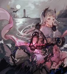 Rule 34 | 1girl, absurdres, arknights, black gloves, black jacket, brown eyes, capelet, cloud, cloudy sky, cowboy shot, finger to mouth, gloves, grey hair, head wings, high-waist skirt, highres, holding, holding lantern, index finger raised, irene (arknights), jacket, lantern, lens flare, lighthouse, long hair, long sleeves, looking at viewer, minini97372, ocean, parted lips, puffy long sleeves, puffy sleeves, purple skirt, rain, shushing, skirt, sky, smile, solo, sun, water, white capelet, wings