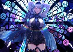 Rule 34 | 1girl, absurdres, black hairband, black thighhighs, blue hair, blush, breasts, eula (genshin impact), genshin impact, gloves, hair ornament, hairband, highres, holding, holding sword, holding weapon, large breasts, leotard, long hair, long sleeves, looking at viewer, medium breasts, medium hair, necktie, parted lips, sas (ls08b), solo, stained glass, sword, thighhighs, thighs, weapon, yellow eyes