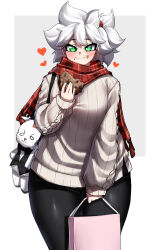 Rule 34 | 1girl, absurdres, black pants, blush, breasts, closed mouth, cookie, crumbs, eating, food, green eyes, heart, highres, holding, holding cookie, holding food, large breasts, long sleeves, looking at viewer, original, pants, rageman709, red scarf, ribbed sweater, scarf, shiny clothes, short hair, smile, solo, sweater, white hair, white sweater