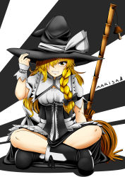 Rule 34 | 1girl, blonde hair, boots, braid, breasts, broom, bugge man, full body, grin, hair over one eye, hat, highres, indian style, kirisame marisa, medium breasts, side braid, single braid, sitting, smile, solo, touhou, witch hat, yellow eyes