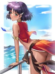 Rule 34 | 1girl, aqua eyes, armlet, bare shoulders, blue sky, blush, bracelet, breasts, closed mouth, cloud, cloudy sky, commentary request, cropped jacket, dark skin, day, earrings, fushigi no umi no nadia, hair ornament, highres, hoop earrings, jacket, jademoon, jewelry, lips, looking at viewer, medium breasts, midriff, nadia la arwall, neck ring, necklace, open clothes, open jacket, outdoors, purple hair, shiny skin, short hair, simple background, sky, sleeveless, smile, thighs, water