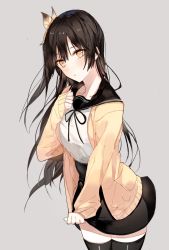 Rule 34 | 1girl, black hair, black skirt, black thighhighs, blouse, blush, cardigan, closed eyes, closed mouth, cowboy shot, grey background, hair ornament, highres, leaning forward, long hair, looking at viewer, naru (ul), open cardigan, open clothes, original, shirt, simple background, skirt, sleeves past wrists, solo, thighhighs, white shirt, yellow eyes