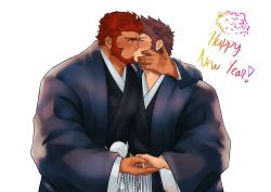 Rule 34 | 2boys, absurdres, alternate costume, bara, beard, black kimono, blue eyes, blush, brown hair, chinese zodiac, couple, dark-skinned male, dark skin, eye contact, facial hair, fate/grand order, fate (series), goatee, haori, haori himo, happy new year, heads together, highres, holding hands, interracial, iskandar (fate), japanese clothes, kimono, kiss, loboke, long sideburns, looking at another, male focus, mature male, multiple boys, muscular, muscular male, napoleon bonaparte (fate), new year, pectoral press, red eyes, red hair, short hair, sideburns, smile, upper body, white background, yaoi, year of the tiger