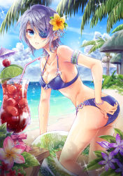 Rule 34 | 1girl, adjusting clothes, adjusting swimsuit, armband, ass, beach, bikini, blue eyes, bracelet, breasts, cherry, cleavage, cloud, cocktail, cocktail umbrella, coconut, coconut tree, collarbone, cup, day, drink, drinking glass, drinking straw, dripping, eyepatch, flower, flower eyepatch, flower on head, food, fruit, glass, hair flower, hair ornament, hibiscus, horizon, ice, ice cube, innertube, iri flina, jewelry, leaning forward, lime (fruit), looking at viewer, lots of jewelry, medium breasts, navel, o-ring, o-ring bottom, o-ring top, ocean, open mouth, outdoors, palm tree, parted lips, purple bikini, ribbon, shiny skin, short hair, side-tie bikini bottom, signature, silver hair, sky, solo, sparkle, standing, strap gap, sunlight, swim ring, swimsuit, sword girls, transparent, tree, water, wet, zenyu