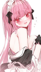 Rule 34 | 1girl, @ @, bare shoulders, black gloves, blunt bangs, blush, breast press, breasts, ear piercing, embarrassed, flying sweatdrops, from side, gloves, highres, hinamori (18ar0), long hair, looking at viewer, maid, maid headdress, medium breasts, mole, mole on breast, open mouth, original, partially undressed, piercing, pink hair, red eyes, ribbon, simple background, solo, sweat, upper body, wavy mouth, white background