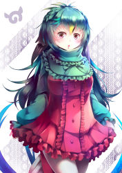 Rule 34 | 10s, 1girl, :o, absurdres, black hair, blue hair, center frills, commentary, cowboy shot, dress, frills, green hair, highres, japari symbol, kanzakietc, kemono friends, long hair, long sleeves, looking at viewer, multicolored clothes, multicolored dress, multicolored hair, open mouth, pantyhose, puffy long sleeves, puffy sleeves, red eyes, resplendent quetzal (kemono friends), solo, white pantyhose