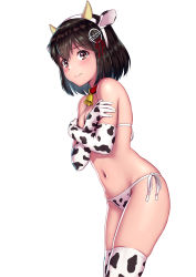 Rule 34 | 1girl, absurdres, animal ears, animal print, bell, bikini, black hair, bob cut, breasts, brown eyes, cleavage, commentary request, cow ears, cow horns, cow print, cow tail, cowbell, cowboy shot, crossed arms, elbow gloves, fake animal ears, fake horns, gloves, haguro (kancolle), haguro kai ni (kancolle), hair ornament, highres, horns, kantai collection, looking at viewer, medium breasts, navel, porupurucha, short hair, side-tie bikini bottom, simple background, solo, standing, swimsuit, tail, thighhighs, white background, white bikini, white gloves, white thighhighs