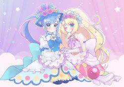 Rule 34 | 2girls, absurdres, black pantyhose, blonde hair, blue bow, blue eyes, blue hair, blush, bow, brooch, closed mouth, cure finale, cure finale (party up style), cure spicy, cure spicy (party up style), delicious party precure, flower, fuwa kokone, gloves, green eyes, hair flower, hair ornament, hair rings, heart, heart brooch, highres, holding hands, jewelry, kasai amane, kneeling, layered skirt, long hair, magical girl, multicolored hair, multiple girls, one eye closed, pantyhose, pink hair, precure, purple background, ring, see-through, see-through veil, skirt, smile, star (symbol), starry background, two-tone hair, umiyuki (umi chu), veil, white gloves, yellow skirt