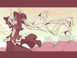 Rule 34 | 1girl, adjusting hair, arms up, cowboy shot, floating hair, from side, letterboxed, long hair, long sleeves, mof, mof&#039;s silver haired twintailed girl, monochrome, oekaki, original, red theme, solo, tying hair, very long hair