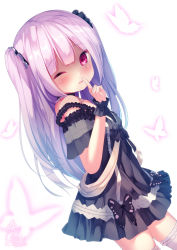 Rule 34 | 1girl, bare shoulders, black bow, black dress, black scrunchie, blush, bow, breasts, bug, butterfly, chinomaron, dress, dutch angle, frilled thighhighs, frills, hair ornament, hair scrunchie, hand up, highres, hololive, index finger raised, insect, long hair, off-shoulder dress, off shoulder, one eye closed, parted lips, pink hair, purple eyes, scrunchie, shaded face, short sleeves, simple background, small breasts, solo, thighhighs, two side up, uruha rushia, uruha rushia (3rd costume), very long hair, virtual youtuber, white background, white thighhighs, wrist cuffs