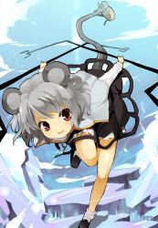 Rule 34 | 1girl, animal ears, basket, cloud, female focus, grey hair, jewelry, kurot, legs, mouse (animal), mouse ears, mouse tail, nazrin, open mouth, outdoors, pendant, red eyes, shoes, short hair, sky, socks, solo, tail, touhou