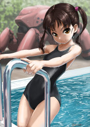 Rule 34 | 1girl, black one-piece swimsuit, blurry, blurry background, breasts, brown eyes, brown hair, competition school swimsuit, competition swimsuit, cowboy shot, highres, looking at viewer, mecha, one-piece swimsuit, original, pool, pool ladder, poolside, robot, rohitsuka, school swimsuit, signature, small breasts, smile, solo, swimsuit, thighs, twintails, water, wet, wet clothes, wet hair, wet swimsuit