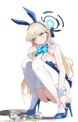 Rule 34 | 1girl, absurdres, animal ears, bare shoulders, blonde hair, blue archive, blue bow, blue bowtie, blue eyes, blue footwear, blue leotard, bow, bowtie, braid, breasts, cleavage, detached collar, fake animal ears, fake tail, french braid, full body, gong cha, high heels, highres, large breasts, leotard, long hair, looking at viewer, mole, mole on thigh, playboy bunny, rabbit ears, rabbit tail, sad, skindentation, solo, squatting, strapless, strapless leotard, tail, tearing up, thighhighs, toki (blue archive), toki (bunny) (blue archive), white thighhighs