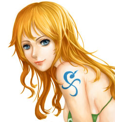 Rule 34 | 1girl, bikini, blue eyes, blush, chizza, closed mouth, eyebrows, green bikini, highres, long hair, looking at viewer, nami (one piece), one piece, orange hair, shoulder tattoo, simple background, smile, solo, swimsuit, tattoo, upper body, wavy hair, white background