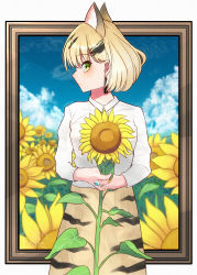 Rule 34 | 1girl, absurdres, animal ears, artist name, blonde hair, cat ears, closed mouth, earrings, expressionless, flower, green eyes, highres, jewelry, kemono friends, looking at viewer, nail polish, ponta (matsuokazieg), ring, sand cat (kemono friends), short hair, signature, skirt, solo, sunflower, yellow nails