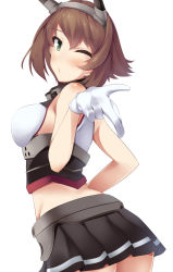 Rule 34 | 10s, 1girl, ;o, ass, bare arms, belt, black skirt, blowing kiss, blush, brown hair, choker, cowboy shot, gloves, green eyes, headgear, highres, kantai collection, miniskirt, mutsu (kancolle), nksk, one eye closed, pleated skirt, pointing, simple background, skirt, solo, white background, white gloves