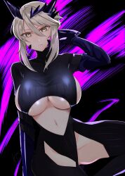 Rule 34 | 1girl, absurdres, artoria pendragon (fate), artoria pendragon (lancer alter) (fate), black bodysuit, bodysuit, breasts, closed mouth, clothing cutout, fate/grand order, fate (series), grey eyes, grey hair, hair between eyes, hair ornament, highres, huge breasts, kankitsu kei, looking at viewer, navel, revealing clothes, ribbed bodysuit, short hair, sidelocks, solo, turtleneck