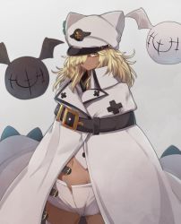 Rule 34 | 1girl, belt, belt buckle, blonde hair, buckle, cape, closed mouth, clover hair ornament, commentary request, dark-skinned female, dark skin, gloves, guilty gear, hair ornament, hair over one eye, hat, hat ornament, highres, long hair, looking at viewer, lucifero (guilty gear), messy hair, midriff, one eye covered, ramlethal valentine, serious, solo, white cape, white hat, yellow eyes, yonaga san