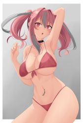 Rule 34 | 1girl, :o, absurdres, arm behind head, arm up, armpits, azur lane, bare shoulders, bikini, black choker, blush, breasts, bremerton (azur lane), choker, cleavage, collarbone, commentary, cowboy shot, eyebrows hidden by hair, front-tie bikini top, front-tie top, grey background, grey hair, groin, hair between eyes, hair intakes, hands up, highleg, highleg bikini, highres, large breasts, lifebuoy ornament, long hair, looking at viewer, mole, multicolored hair, navel, navel piercing, piercing, pink bikini, pink eyes, pink hair, sidelocks, simple background, skindentation, smallqin, solo, standing, stomach, streaked hair, swimsuit, twintails, two-tone hair, underboob
