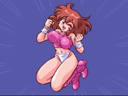 Rule 34 | 1990s (style), 1girl, boots, bouncing breasts, breasts, brown hair, hissatsu pachinko collection, jumping, large breasts, panties, remi (hissatsu pachinko collection), retro artstyle, solo, underwear
