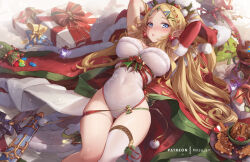 Rule 34 | 1girl, arms up, blonde hair, blue eyes, blush, box, breasts, christmas, commentary, elf, english commentary, gem, gift, hair ornament, large breasts, long hair, lying, mitsu (mitsu art), nintendo, on back, parted lips, patreon username, pointy ears, princess zelda, single thighhigh, smile, solo, the legend of zelda, the legend of zelda: breath of the wild, thighhighs, thighs, white thighhighs