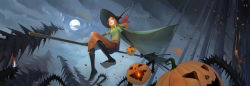 Rule 34 | 1girl, :d, absurdres, alette (banner saga), black footwear, bow (weapon), broom, broom riding, cape, full body, full moon, green cape, green eyes, grey sky, haryarti, hat, highres, jack-o&#039;-lantern, leaf, long hair, moon, open mouth, orange hair, outdoors, quiver, sidelocks, sidesaddle, sky, smile, solo, the banner saga, tree, weapon, witch hat