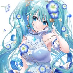 Rule 34 | 1girl, aqua hair, blue eyes, breasts, closed mouth, commentary, earrings, flower, gloves, hair flower, hair ornament, half gloves, hand on own face, hand up, hatsune miku, highres, jewelry, looking at viewer, medium breasts, necocafe lili, simple background, smile, solo, twintails, upper body, vocaloid, white background, white gloves