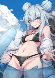 Rule 34 | 1girl, absurdres, bikini, black bikini, blue eyes, blue hair, blue sky, blush, boulder, breasts, chain, cloud, collar, day, double bun, food, girls&#039; frontline, grin, hair between eyes, heart, heart-shaped pupils, highres, ky (ky990533), long hair, outdoors, pa-15 (girls&#039; frontline), popsicle, sky, smile, solo, swimsuit, symbol-shaped pupils, wading, wedgie