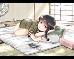 Rule 34 | 10s, 1girl, black hair, blunt bangs, blush, cellphone, cellphone strap, electric fan, electrical outlet, futon, hand on own head, indoors, jewelry, kantai collection, kitakami (kancolle), letterboxed, long hair, looking at viewer, lying, mochisaka mitsuki, no pants, phone, pillow, ring, school uniform, serafuku, smartphone, smile, solo, tatami, tissue box, wedding band