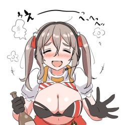 Rule 34 | 1girl, alternate costume, alternate hairstyle, black gloves, borrowed design, bottle, breasts, cleavage, commentary request, cropped jacket, drunk, closed eyes, facing viewer, gloves, grey hair, jacket, kantai collection, large breasts, leaning forward, lowres, midriff, navel, pola (kancolle), race queen, red skirt, simple background, skirt, solo, tamu (mad works), thick eyebrows, twintails, wavy hair, white background, white jacket