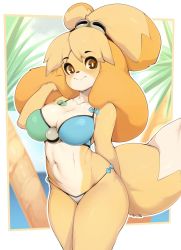 Rule 34 | 1girl, animal crossing, bad id, bad twitter id, bell, bikini, blush, bow, breasts, brown eyes, cleavage, cowboy shot, dog girl, furry, furry female, highres, isabelle (animal crossing), large breasts, long hair, looking at viewer, multicolored bikini, multicolored clothes, navel, nintendo, shiny skin, slugbox, smile, solo, swimsuit, thighs, topknot