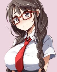 Rule 34 | 1girl, aki (sangetusei), blush, braid, breasts, brown eyes, brown hair, closed mouth, commentary, freckles, glasses, highres, idolmaster, idolmaster cinderella girls, idolmaster cinderella girls starlight stage, large breasts, long hair, looking at another, necktie, no nose, okuyama saori, pink-framed eyewear, pink background, red necktie, shirt, short sleeves, shy, simple background, solo, sweatdrop, twin braids, twintails, white shirt