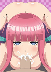 Rule 34 | 1boy, 1girl, atelier gons, breasts, censored, cum, cum in mouth, fellatio, go-toubun no hanayome, highres, looking at viewer, nakano nino, nude, oral, pink hair, pointless censoring, purple eyes, shiny skin, textless version