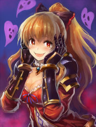 Rule 34 | 10s, 1girl, blush, breasts, brown hair, cleavage, edobox, granblue fantasy, hands on own face, heart, large breasts, long hair, open mouth, ponytail, red eyes, solo, upper body, vira (granblue fantasy)