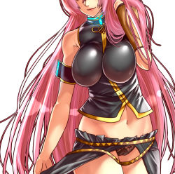 Rule 34 | breasts, close-up, lace, lace panties, large breasts, megurine luka, midriff, panties, pink hair, puu maru, simple background, smile, underwear, vocaloid