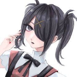 Rule 34 | 1girl, ame-chan (needy girl overdose), black eyes, black hair, black nails, black ribbon, collared shirt, commentary, hair ornament, hair over one eye, hairclip, hand up, highres, long hair, looking at viewer, multicolored nails, nail polish, neck ribbon, needy girl overdose, open mouth, red nails, red shirt, ribbon, sanmanako, shirt, simple background, solo, suspenders, symbol-only commentary, twintails, upper body, white background, x hair ornament