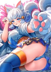 Rule 34 | 1girl, absurdres, animal ear fluff, animal ears, animal hands, ass, ayaka (genshin impact), blue eyes, blue panties, blue skirt, breasts, cat ears, cat tail, check clothing, commentary, english commentary, genshin impact, gloves, halloween, heart, heart tail, highres, japanese clothes, kimono, kishita yuu, large breasts, looking at viewer, lying, multiple tails, on side, panties, paw gloves, pink pillow, reaching, reaching towards viewer, single glove, skirt, solo, tail, tongue, tongue out, underwear, white gloves, white hair, white kimono, wide sleeves