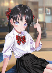 Rule 34 | 1girl, absurdres, black hair, black skirt, bow, bowtie, closed mouth, collared shirt, gishiki (gshk), hair bow, hand up, highres, looking at viewer, middle finger, original, photo background, pleated skirt, purple eyes, red bow, red bowtie, shirt, short sleeves, sitting, skirt, smile, solo, twintails, white shirt, wing collar