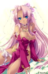 Rule 34 | 1girl, blue eyes, breasts, cleavage, dark-skinned female, dark skin, detached sleeves, dress, fingernails, hair ornament, highres, hikage eiji, jewelry, koihime musou, large breasts, long fingernails, long hair, mole, mole under mouth, nail polish, necklace, pink hair, ring, sitting, smile, solo, sonsaku, very long hair