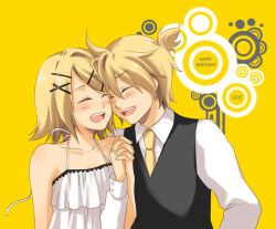 Rule 34 | 1boy, 1girl, bad id, bad pixiv id, bare shoulders, blush, brother and sister, camisole, cendrillon (vocaloid), closed eyes, hair ornament, hairclip, holding hands, hetero, interlocked fingers, kagamine len, kagamine rin, kuruma (rk), siblings, spaghetti strap, twins, vocaloid