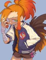 Rule 34 | 1girl, bandaged arm, bandages, bird tail, blue background, brown shorts, charm (object), clenched teeth, ear piercing, eyepatch, green eyes, hand in pocket, highres, jacket, long sleeves, looking at viewer, medical eyepatch, mizuno (okn66), multicolored hair, open clothes, open jacket, orange hair, orange shirt, original, piercing, ponytail, red hair, shirt, short shorts, shorts, sidelocks, simple background, solo, tail, teeth