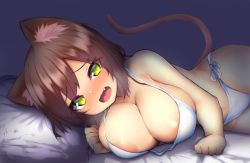 Rule 34 | 1girl, :d, animal ears, areola slip, bed sheet, bikini, blush, breast rest, breasts, brown hair, cat ears, cat girl, cat tail, cleavage, clenched hands, collarbone, fang, green eyes, large breasts, looking at viewer, lying, medium hair, on bed, on side, open mouth, oppai loli, original, purple background, short hair, shortstack, side-tie bikini bottom, simple background, smile, solo, swimsuit, tail, watari1118, wide hips