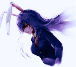 Rule 34 | 1girl, animal ears, asuzemu, backlighting, blazer, blue background, breasts, collared shirt, expressionless, floating hair, hair over one eye, jacket, lips, long sleeves, looking at viewer, medium breasts, nose, purple hair, rabbit ears, red eyes, reisen udongein inaba, shirt, simple background, solo, touhou, upper body