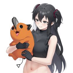 Rule 34 | 1girl, absurdres, animal, animal hug, bare shoulders, black gloves, black hair, black shirt, breasts, chainsaw man, commission, gloves, grin, hair between eyes, hair ornament, highres, large breasts, long hair, multicolored hair, navel, original, pochita (chainsaw man), shirt, simple background, sleeveless, sleeveless shirt, smile, stomach, streaked hair, svet yomi, two side up, very long hair, white background, white hair