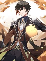 Rule 34 | 1boy, bad id, bad twitter id, black gloves, black hair, brown hair, closed mouth, collar, collared shirt, cube, earrings, floating, floating object, formal, genshin impact, gloves, glowing, hair between eyes, highres, jacket, jewelry, jin gingin, light particles, long hair, long sleeves, looking at viewer, male focus, multicolored hair, necktie, ponytail, shirt, single earring, solo, suit, tassel, tassel earrings, yellow eyes, zhongli (genshin impact)