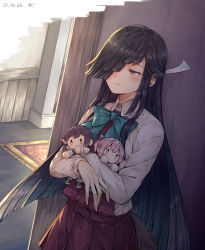 Rule 34 | 1girl, black hair, blue bow, blue bowtie, blush, bow, bowtie, closed mouth, commentary, dated, doll, dress, dress shirt, fujinami (kancolle), hair over one eye, halterneck, hayashimo (kancolle), kantai collection, long hair, long sleeves, miroku san-ju, purple dress, purple eyes, shiranui (kancolle), shirt, signature, smile, solo, white shirt