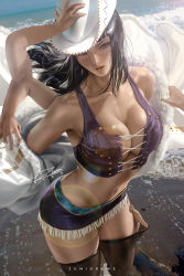 Rule 34 | 1girl, beach, black hair, blue eyes, blush, breasts, cleavage, coat, cowboy hat, extra arms, from above, fur coat, hana hana no mi, hat, large breasts, lens flare, light smile, long hair, looking at viewer, midriff, miniskirt, nico robin, ocean, one piece, parted lips, skirt, smile, thighhighs, undressing, water, zumi (zumidraws)