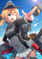 Rule 34 | &gt;;d, 10s, 1girl, ;d, anchor hair ornament, black ribbon, blonde hair, blue sky, camouflage, camouflage headwear, chromatic aberration, cloud, cross, day, green eyes, grey panties, hair ornament, hair ribbon, hand on own hip, hat, iron cross, kantai collection, lens flare, long hair, long sleeves, machinery, microskirt, military, military uniform, one eye closed, open mouth, panties, pantyshot, peaked cap, pleated skirt, pointing, prinz eugen (kancolle), remodel (kantai collection), ribbon, skirt, sky, smile, solo, standing, sun, turret, twintails, underwear, uniform, v-shaped eyebrows, water, white skirt, yi l chen 5